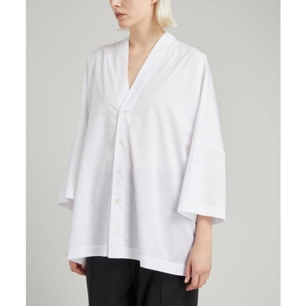 Eskandar Cotton Sloped Kimono Shirt Top Women Size 1 White V-neck Buttoned Front